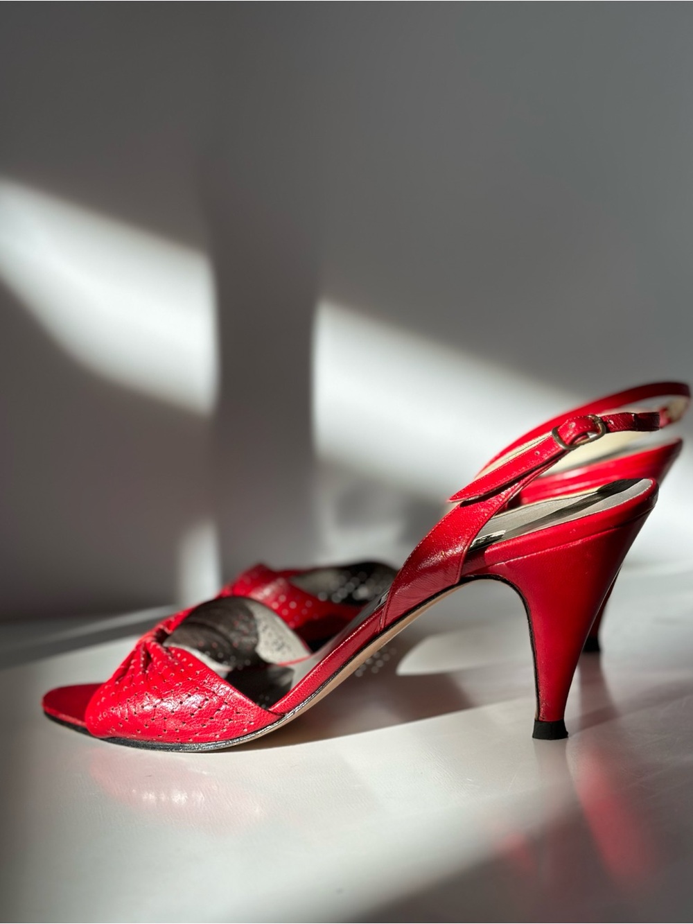 Vintage Red Leather Bow Slingback Heels Open Toe